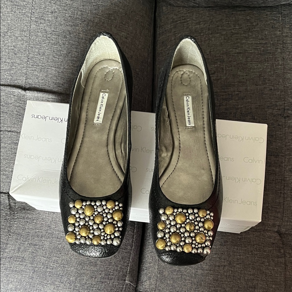 Calvin Klein Black Ballet Flats with Gold and Silver Stud Cluster New Size 10
